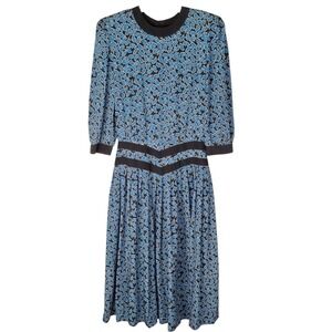 Vintage Maggy Boutique Womens Sz 10 Dress Blue Floral 80s Pleated Contrat Collar